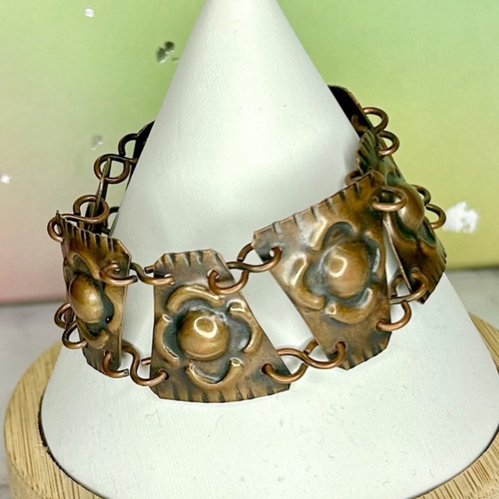 Vintage Boho Artisan Hammered Copper Panel Link Bracelet